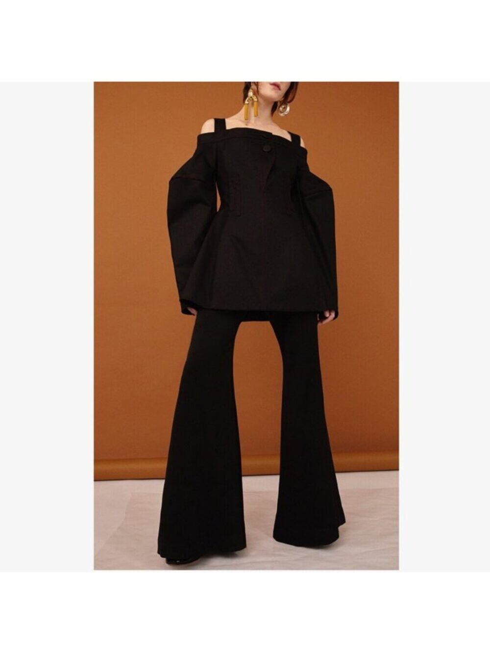 Ellery Faster Pussycat Wide Leg Flare Pants Black Ivory Stitch US 4 AU 8